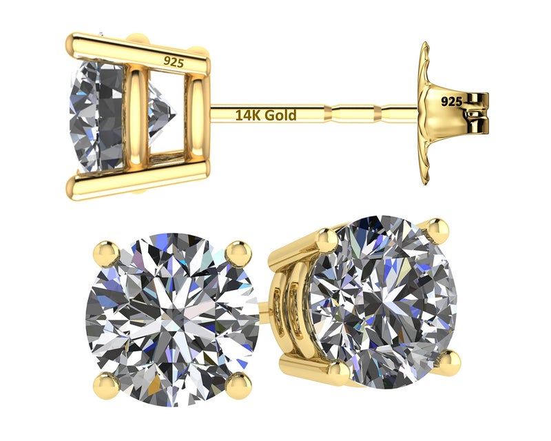 Central Diamond Center 14K Solid Gold Post & Sterling Silver Made with Swarovski 4 Prong CZ Stud Earrings - Yellow Gold Plated - 5.50mm - 1.50cttw - Image 1